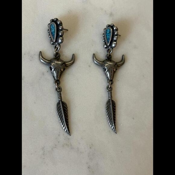 Jewelry - FALL CLEARANCE Vintage 80's Pewter Bull Head Dangle Earrings with Turquoise